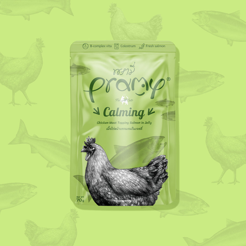 Pramy Calming Chicken Topping Salmon in Jelly Recipe Box (12x70g)