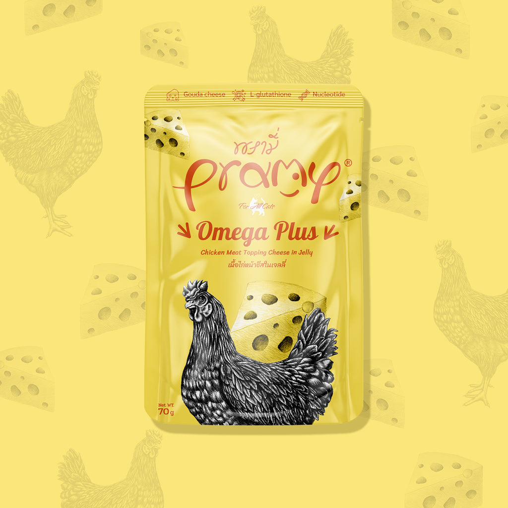 Pramy Omega Plus Chicken TOPPING Cheese In Jelly Recipe Box (12x70g)